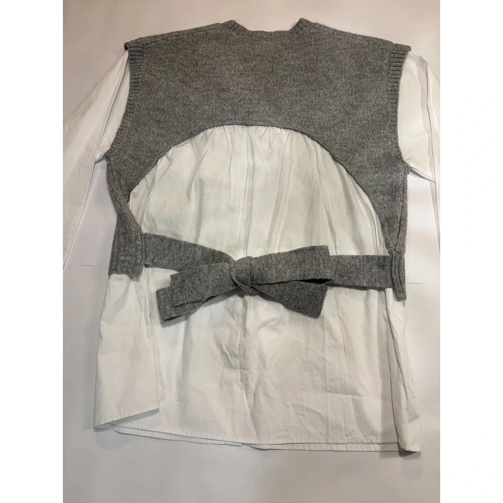 NEW VICI Grey Knit Sweater Vest White Button Down Layered Tie Back Top Small - Picture 8 of 13